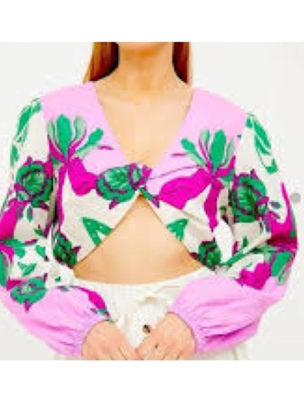 Caroline Constas Pink Floral Cutout Tie-Front Crop Top with Green Leaves Medium